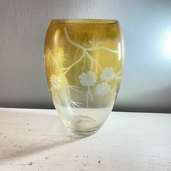 Vintage Mid-Century Etched Amber Glass Vase 8” Tall with Floral & Wheat Pattern - Picture 6 of 6